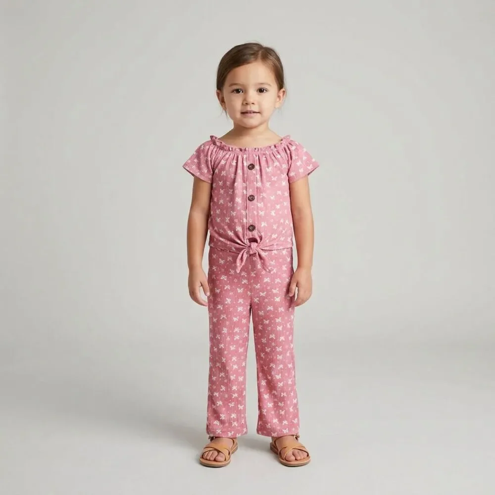 Heart & Arrow 2T Toddler Girls Pink Butterfly Ribbed Top & Pants Outfit Set